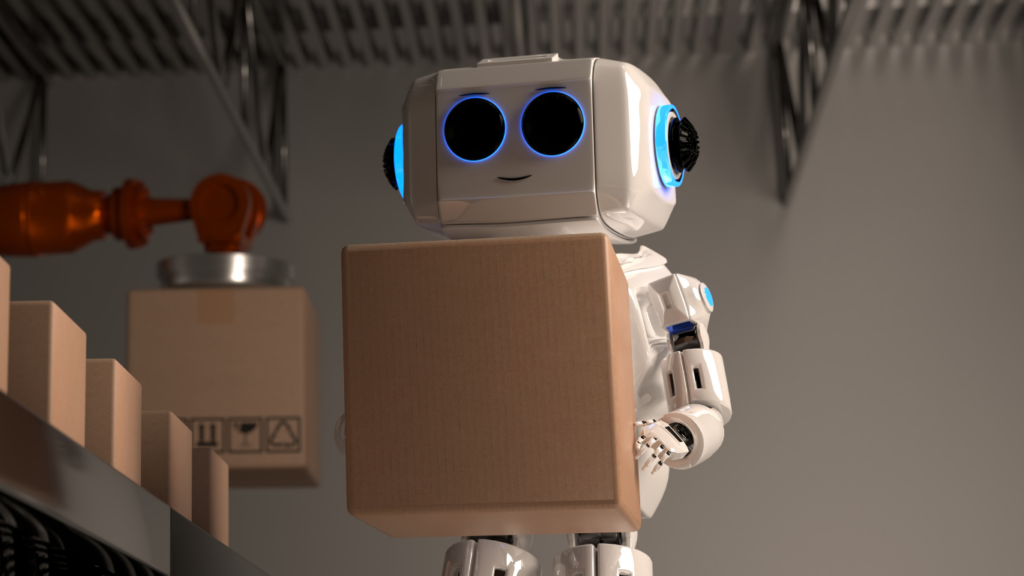 an modern robot lifting a box